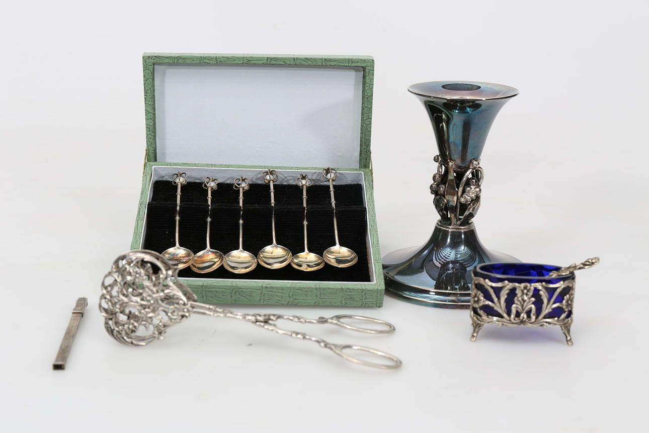 LJUSSTAKE, SALTKAR OCH MOCKASKEDAR, silver, 10 delar.