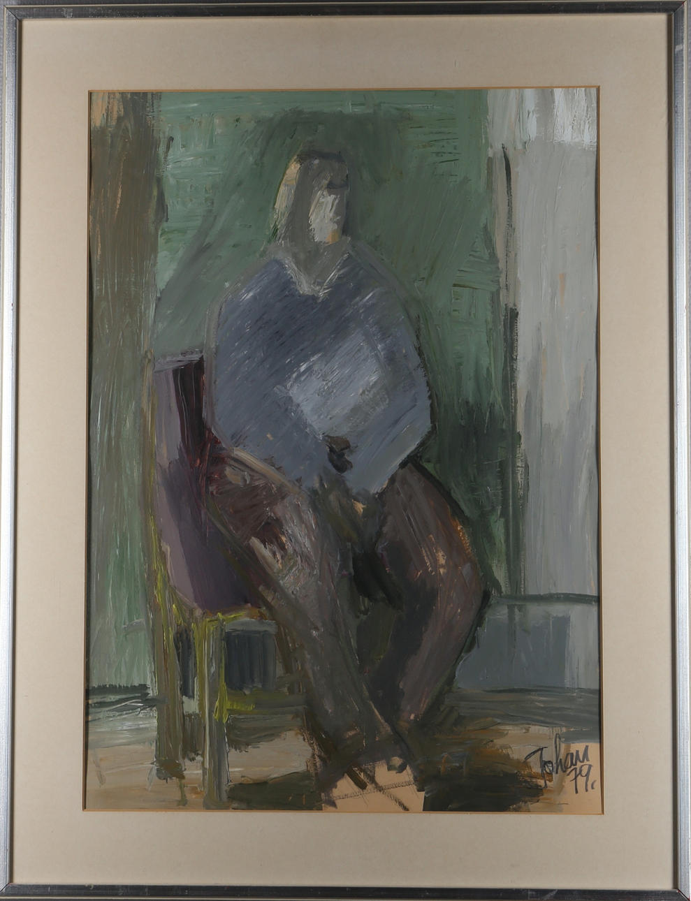 JOHAN THUNBERG. Sittande Man, akryl på papp, signerad Johan 79.