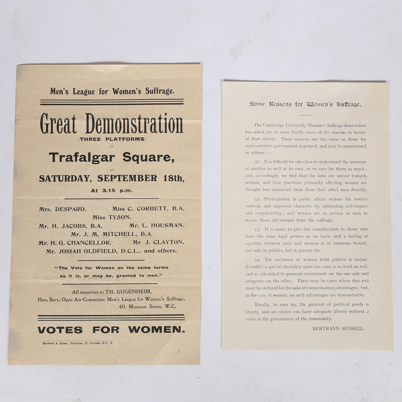 SUFFRAGETTE INTEREST - A LEAFLET "GREAT DEMONSTRATION IN TRAFALGAR SQUARE ON SAT SEPTEMBER 18TH", AND ANOTHER "SOME REASONS FOR WOMEN'S SUFFRAGE" (2).