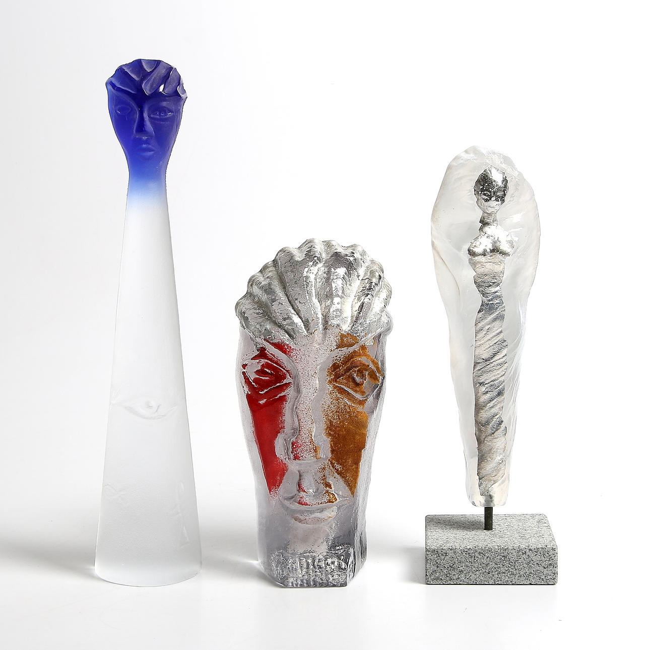 SKULPTURER, 3 st, glas, Johansfors glasbruk. 1900-tal.