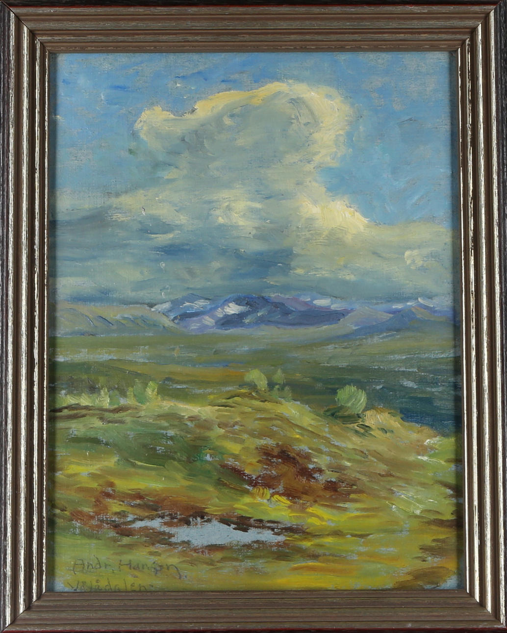 ANDREAS HANSON. "Vålådalen" olja på pannå, signerad Andr Hanson.