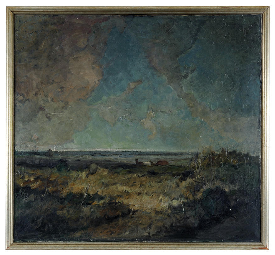 ANONYMIST. Intryck av en grön slätt på hösten. Oljemålning signerad, daterad (19) 36.