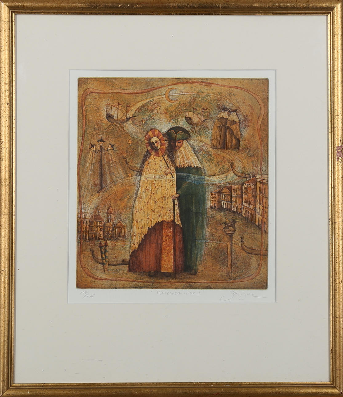IRENE JARZ. "Venezianska lekar II", färgetsning, signerad samt numrerad 109/175.