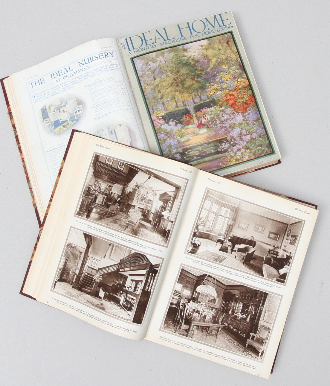 INBUNDNA TIDNINGAR, 2 volymer, "The Ideal Home a monthly magazine for home-lovers", 1920-tal.