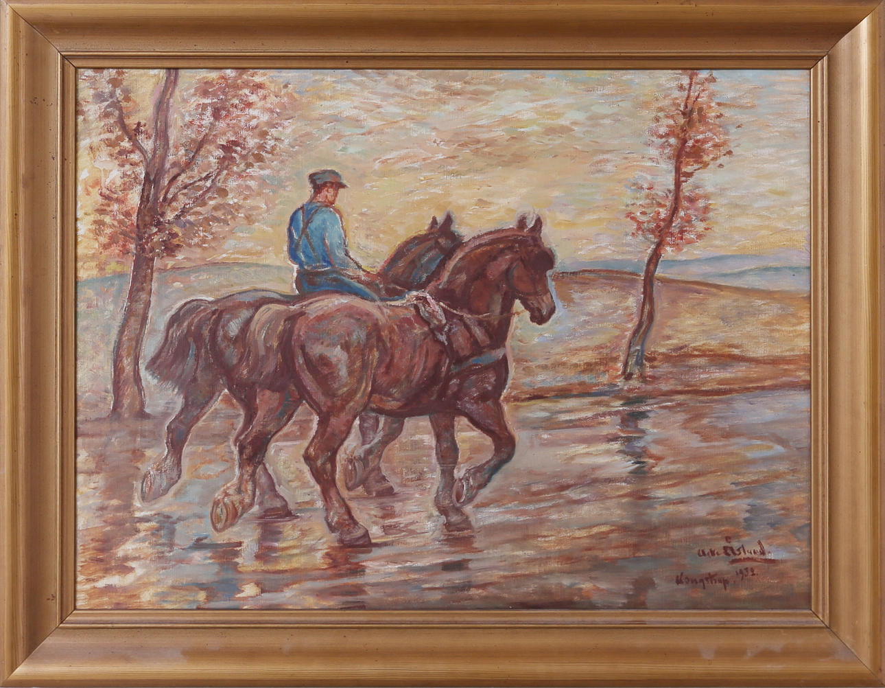 ACKE ÅSLUND. Hästarna vända hem, Olja på duk, signerad samt daterad 1932.