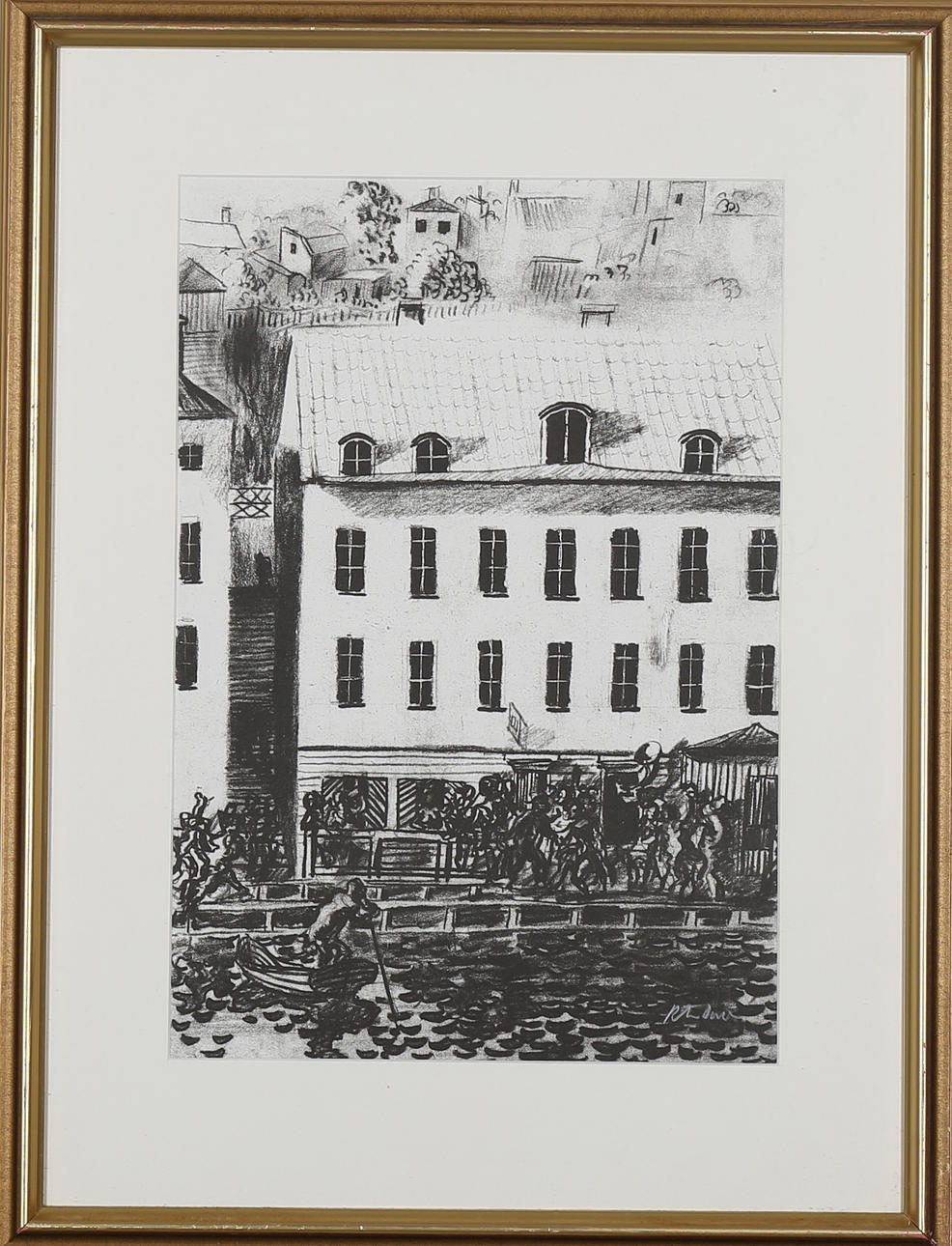 PETER DAHL. Packhus vid en kanal, litografi, signerat P Dahl.