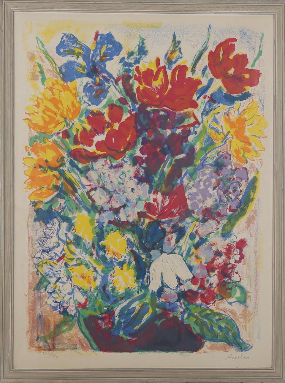 ALBIN AMELIN. Komposition med bukett, litografi, signerad och numrerad Amelin 365/360.