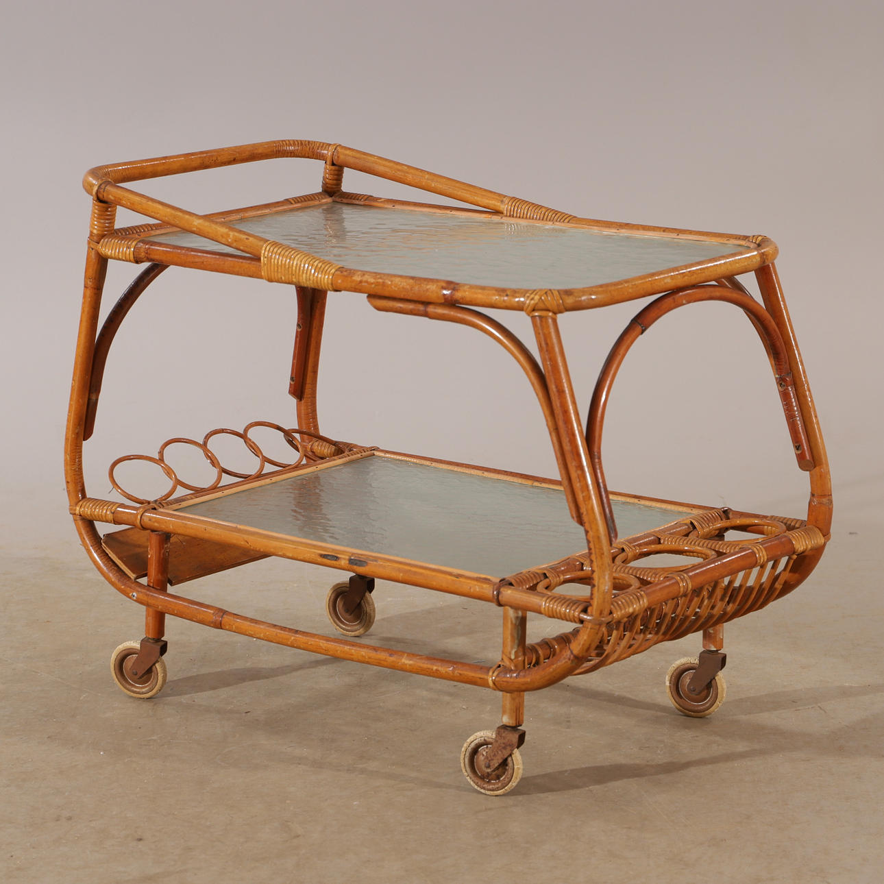 SERVING WAGON, rattan/glass, mid-20th century.