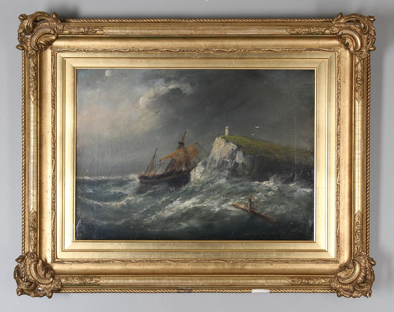 OKÄND KONSTNÄR. Fartyg vid klippig kust.O.D. Trol. England 1800-tal.