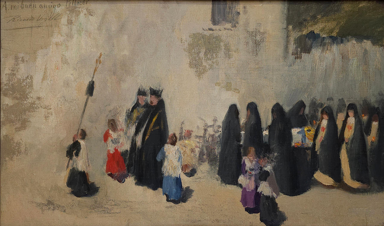 RICARD URGELL. PROCESIÓN. ÓLEO SOBRE TABLEX.