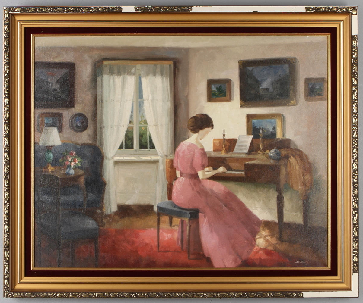 BENTE BERG. Interiör med kvinna, olja på duk, signerad.