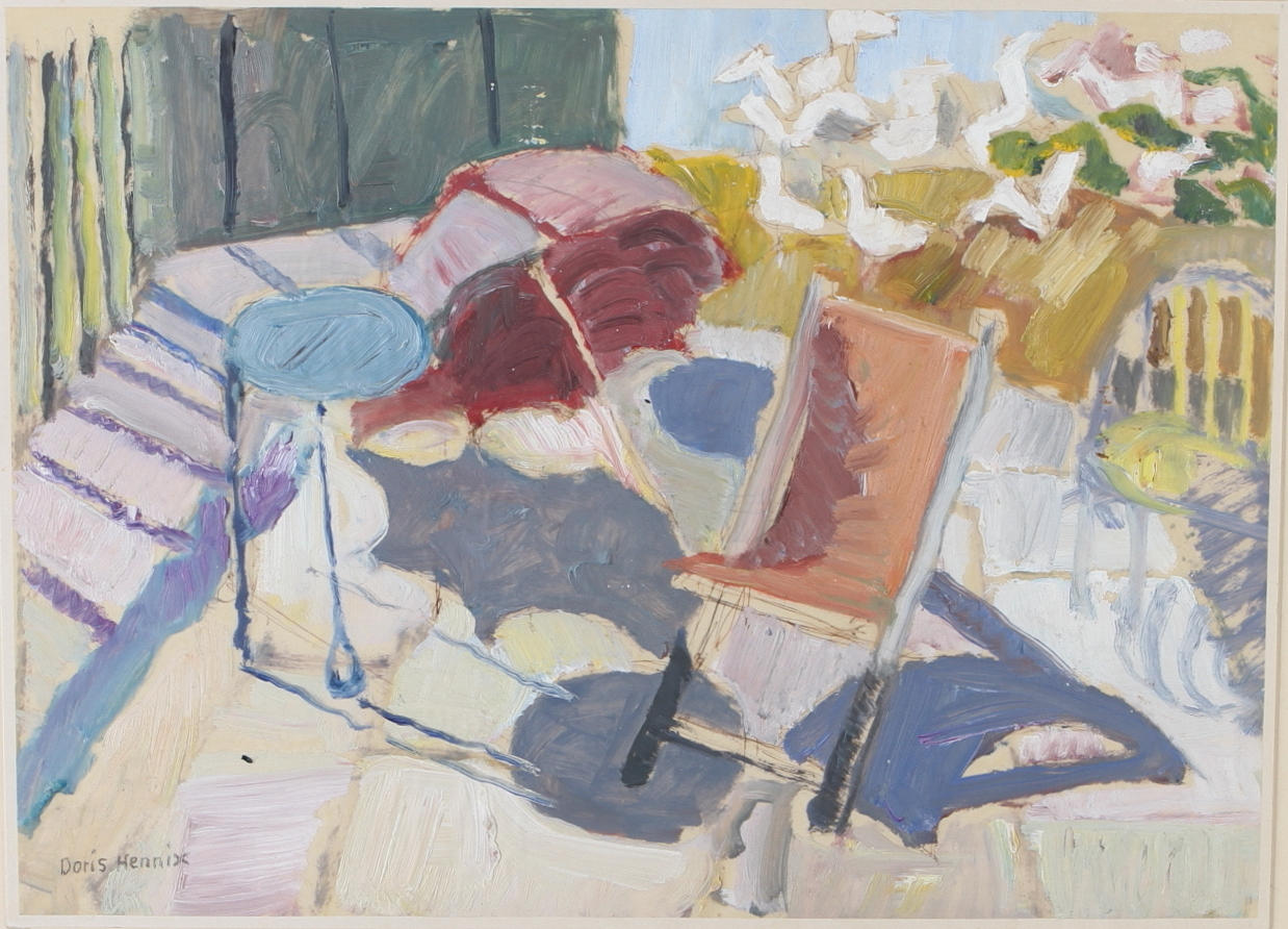 DORIS HENNIX. Komposition med solstol, blandteknik på smörpapper, uppsatt på pannå,, signerad.