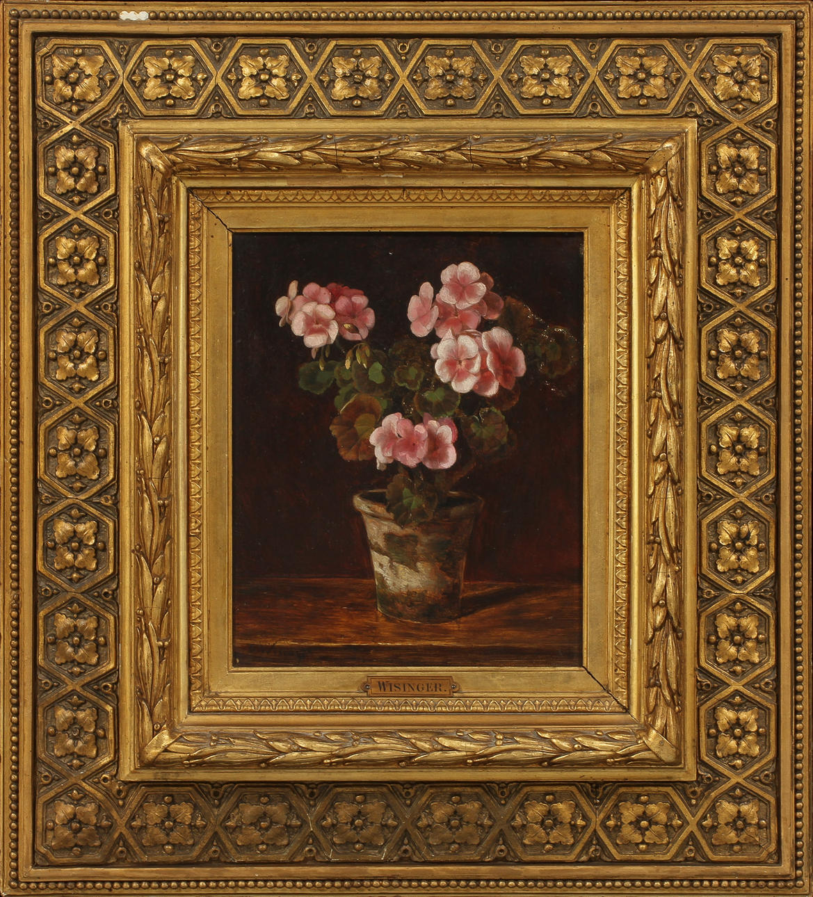 OIDENTIFIERAD KONSTNÄR. Stilleben med pelargon. Olja på pannå. Bär signatur O. Wisinger.