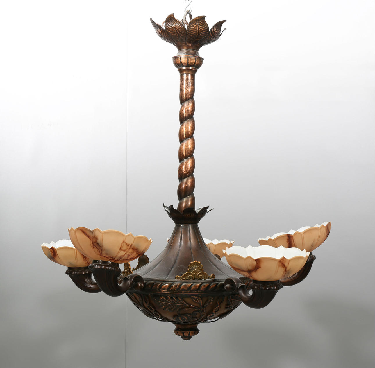 TAKLAMPA, koppar och glaskupor, 5 armar, Jugend, 1900-talets första kvartal.