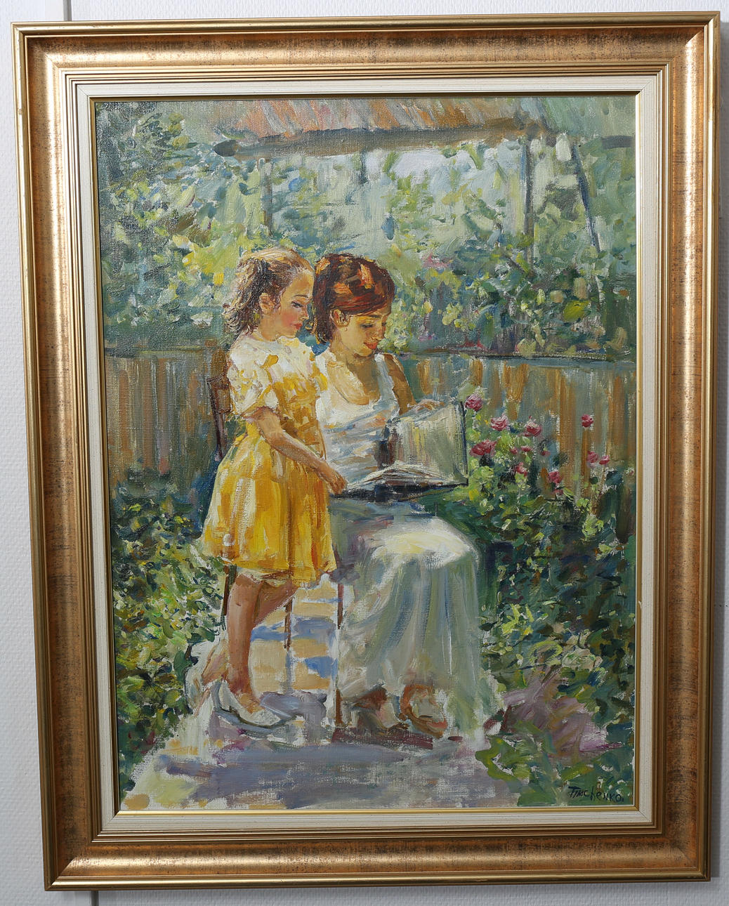 ALEX TIMCHENKO. Olja på duk, Läsande kvinna med barn, signerad Timchenko.