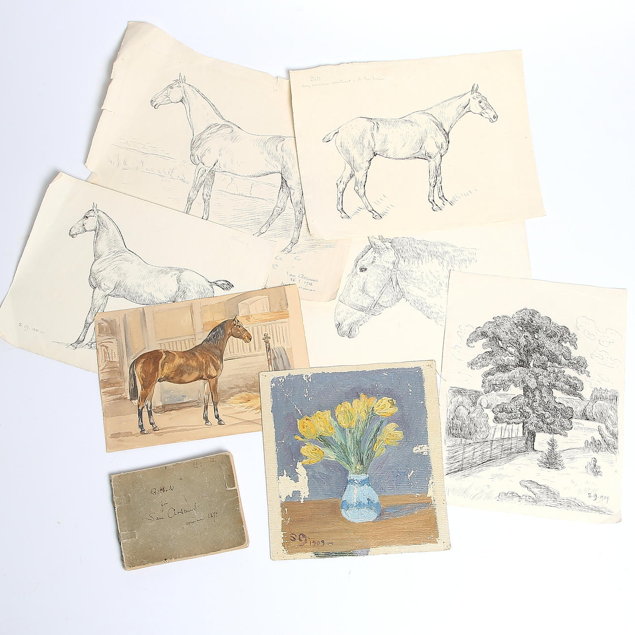 SAMUEL "SAM" ARSENIUS. Teckningar, 5 st, tusch, en akvarell, en olja på duk samt ett skissblock, 18/1900-tal.