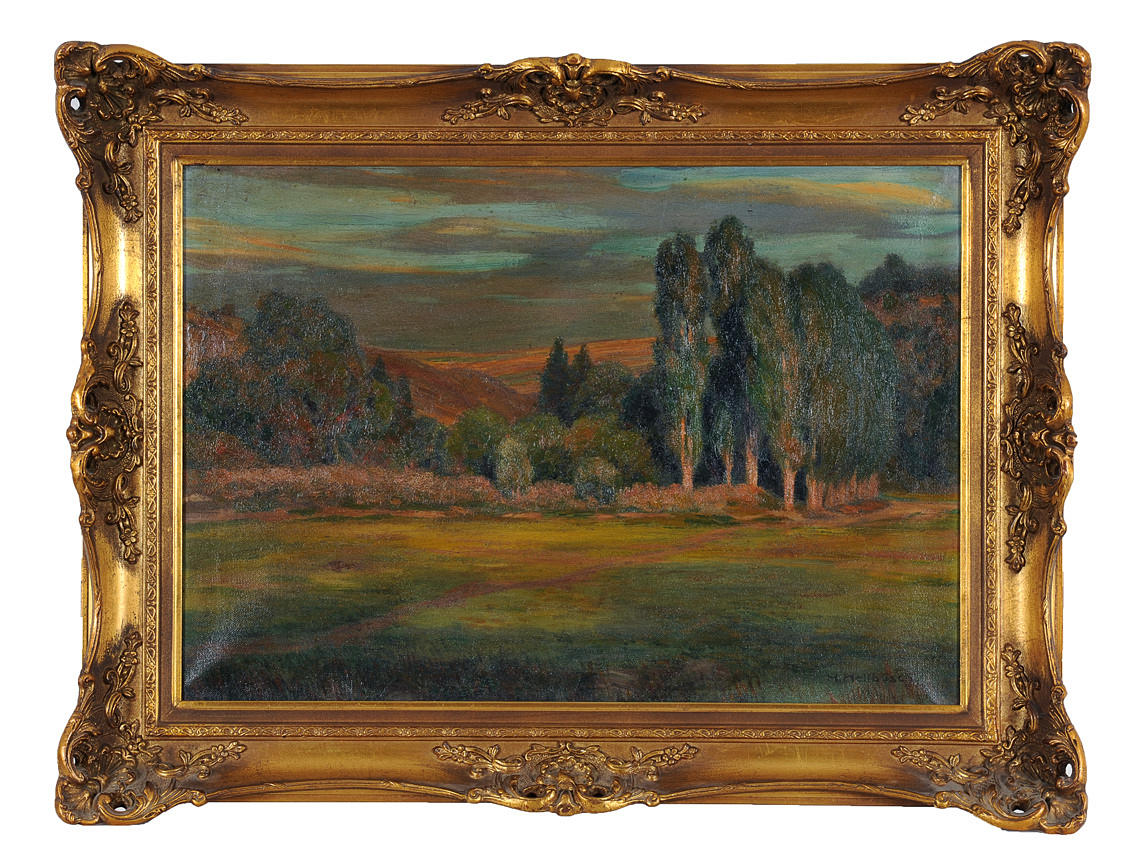 HERMANN HELLBUSCH. ”Campagne, solnedgång hed.” Intryck i varma hösttoner, oljemålning runt 1900.