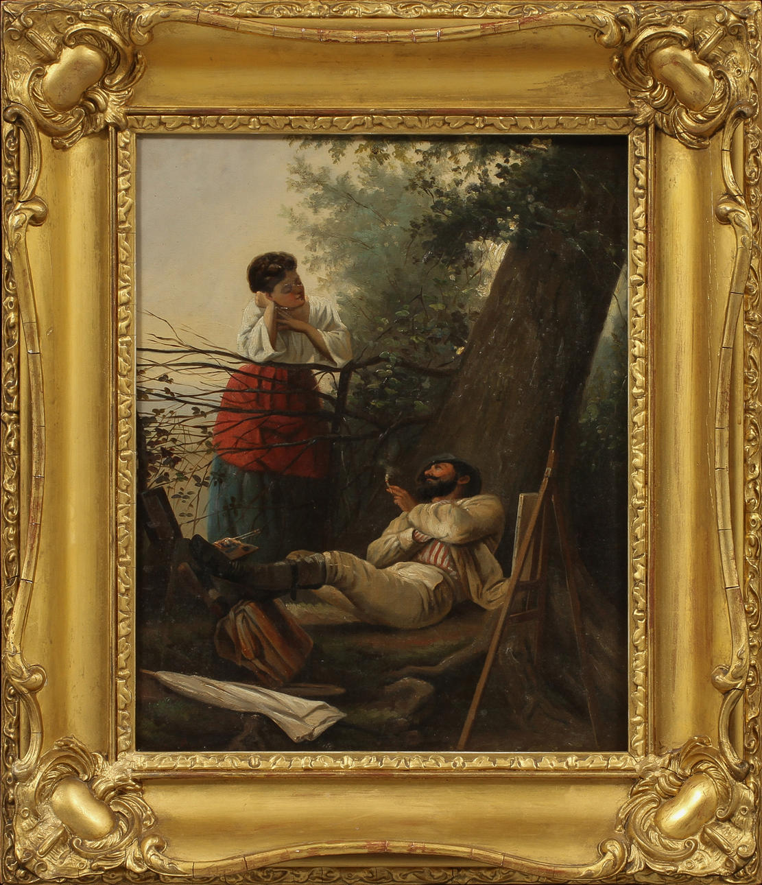 OIDENTIFIERAD KONSTNÄR. Figurscen, olja på duk, otydlig signatur.