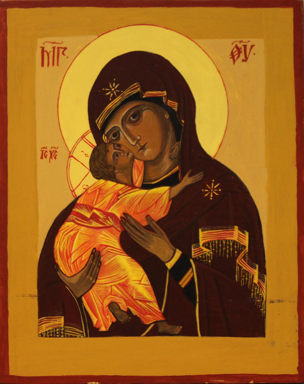 ANNA-CLARA ENGLERT. Maria med Jesusbarnet. Äggtempera på spånnskiva. Signerad a tergo.