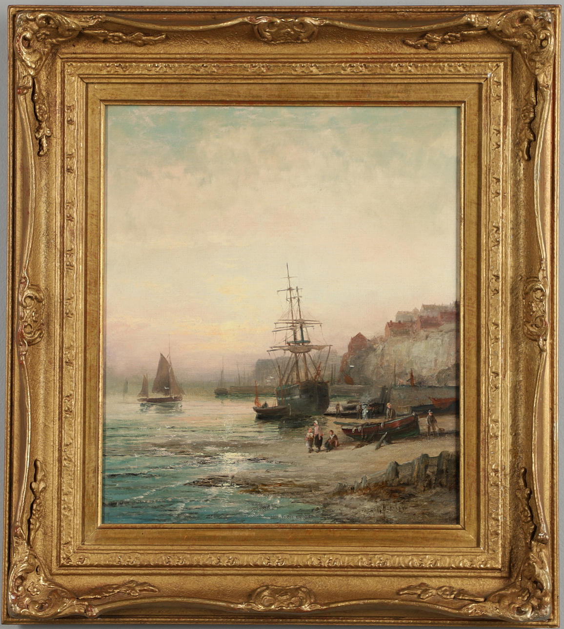 WILLIAM THORNLEY (FL.1858-1898). BEACH SCENE IN A FISHING TOWN AT SUNSET.
