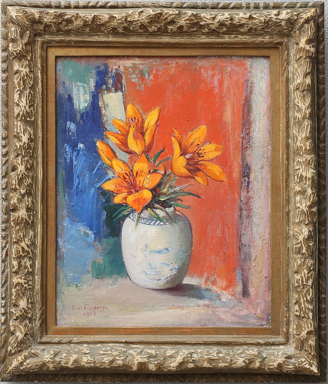 CARL ANDERSON. "Liljor i urna". Olja på duk, signerad och daterad 1938.