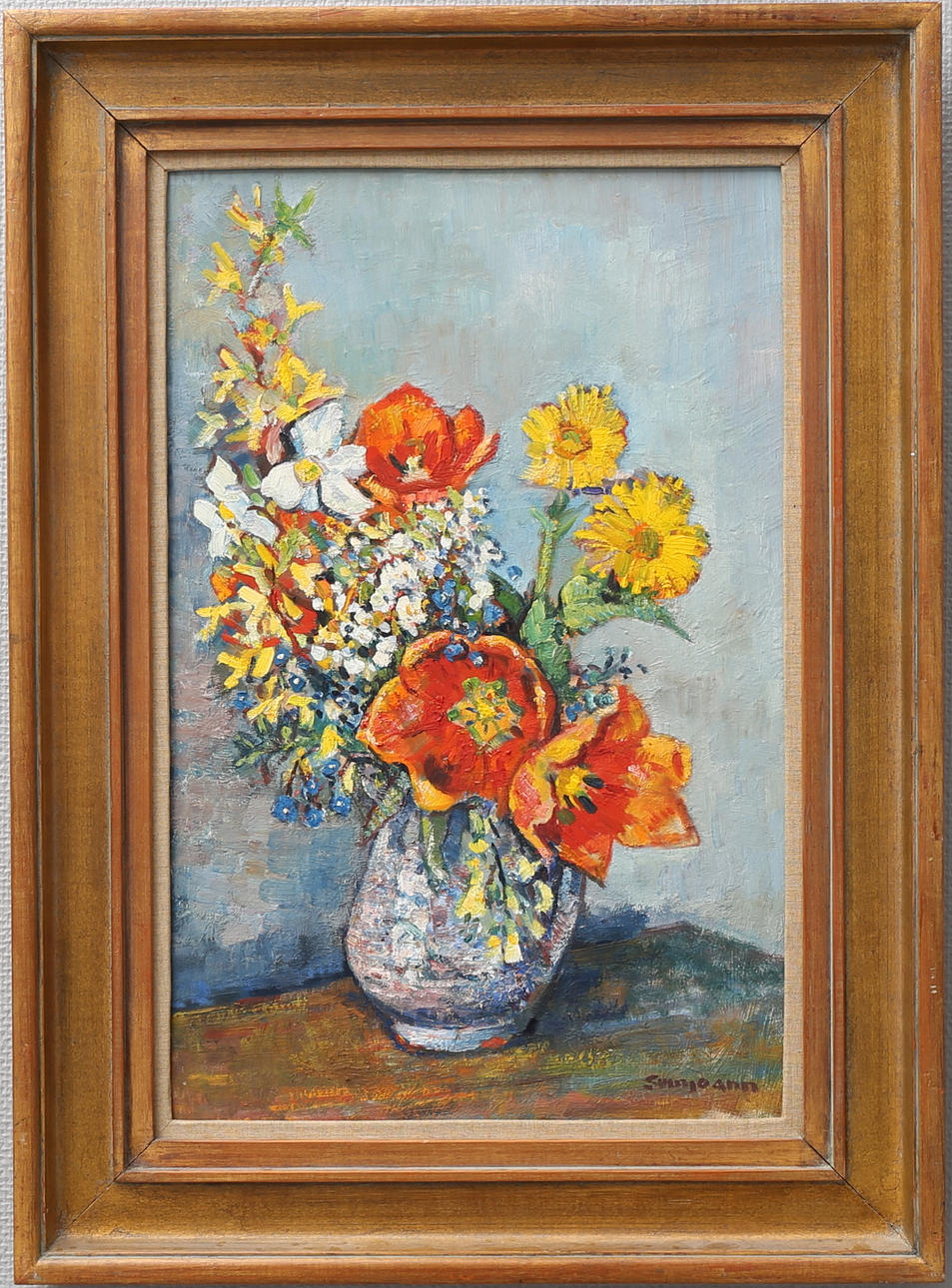 SVEN JOANN. "Vårbukett". Olja på pannå, signerad, daterad 1946 a tergo.