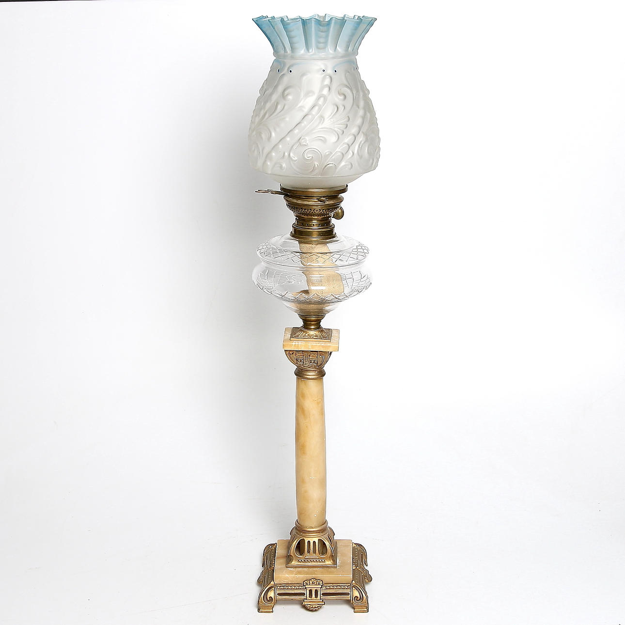 FOTOGENLAMPA, alabaster, bronserad metall samt glas. Jugend. Sekelskiftet 1800/1900.