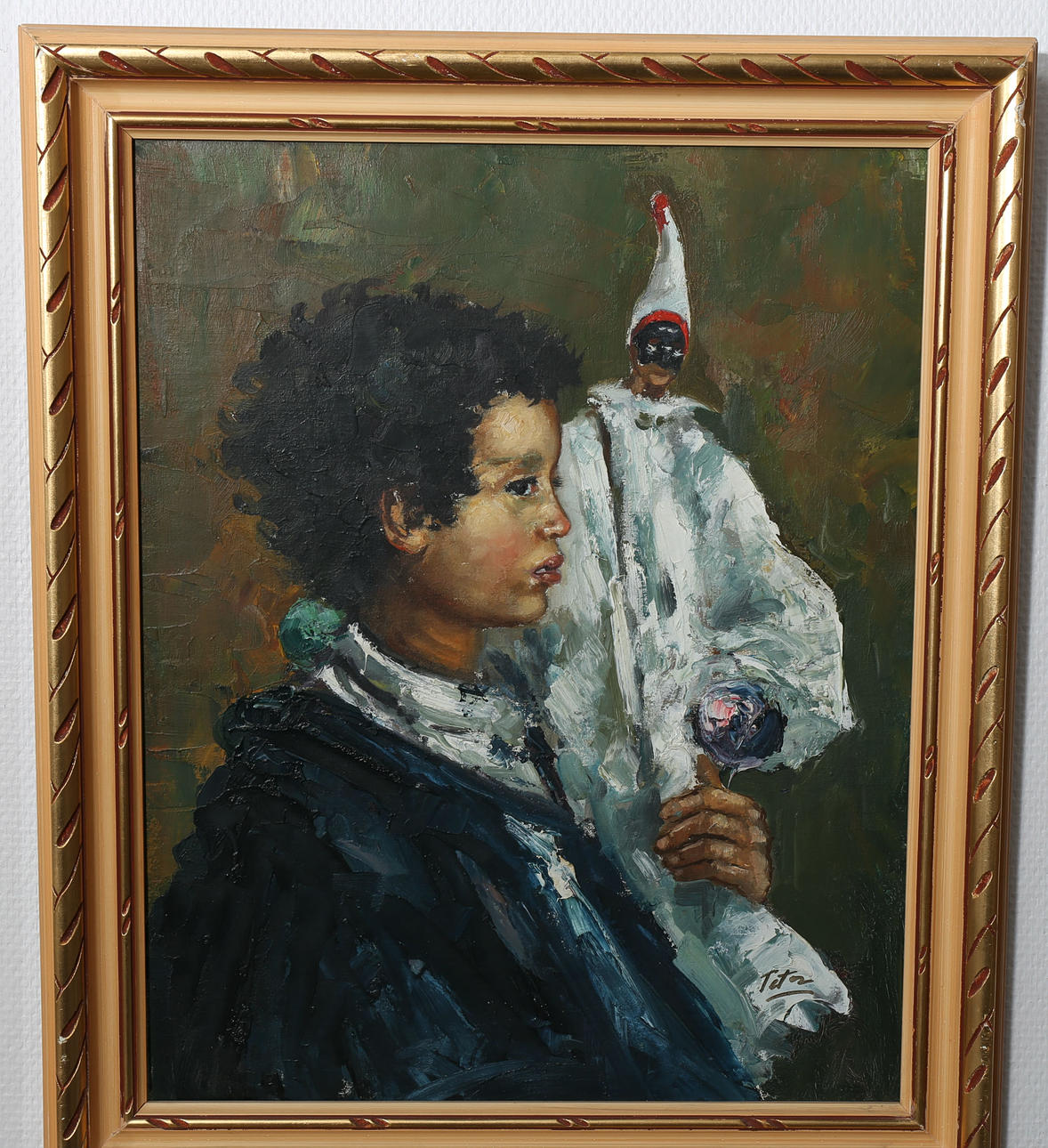 OIDENTIFIERAD KONSTNÄR. Olja på duk, Pojke och Narren, signerad.