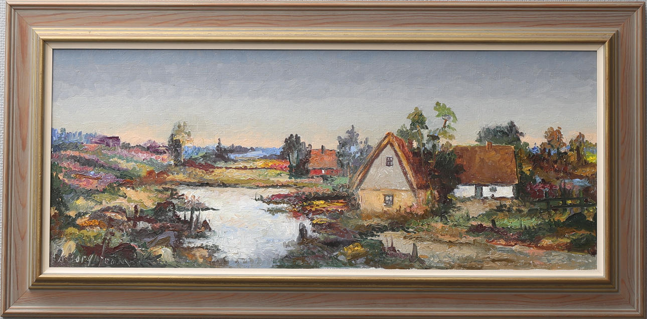 KARIN BORGSTRÖM. Landskap med hus, olja på duk, signerad.