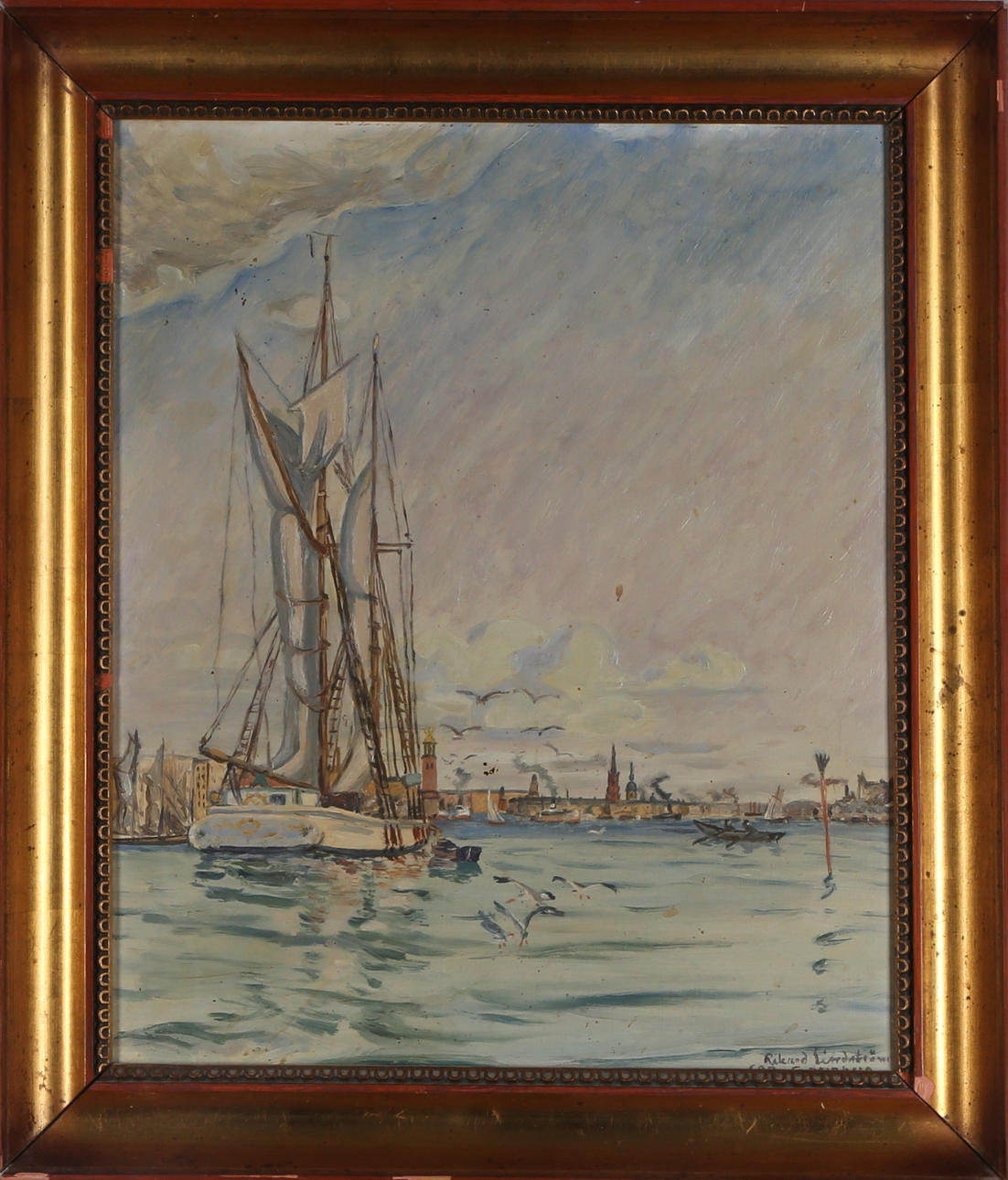 GUNNAR STENBERG. Stockholms inlopp, olja på masonite, signerad G Stenberg.