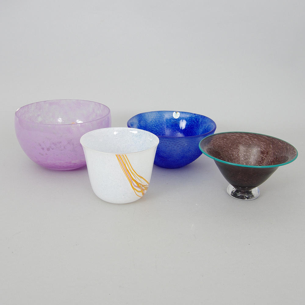 SKÅLAR, 4 stycken, konstglas, Boda, Sea, Ekenäs samt Erikshyttan.