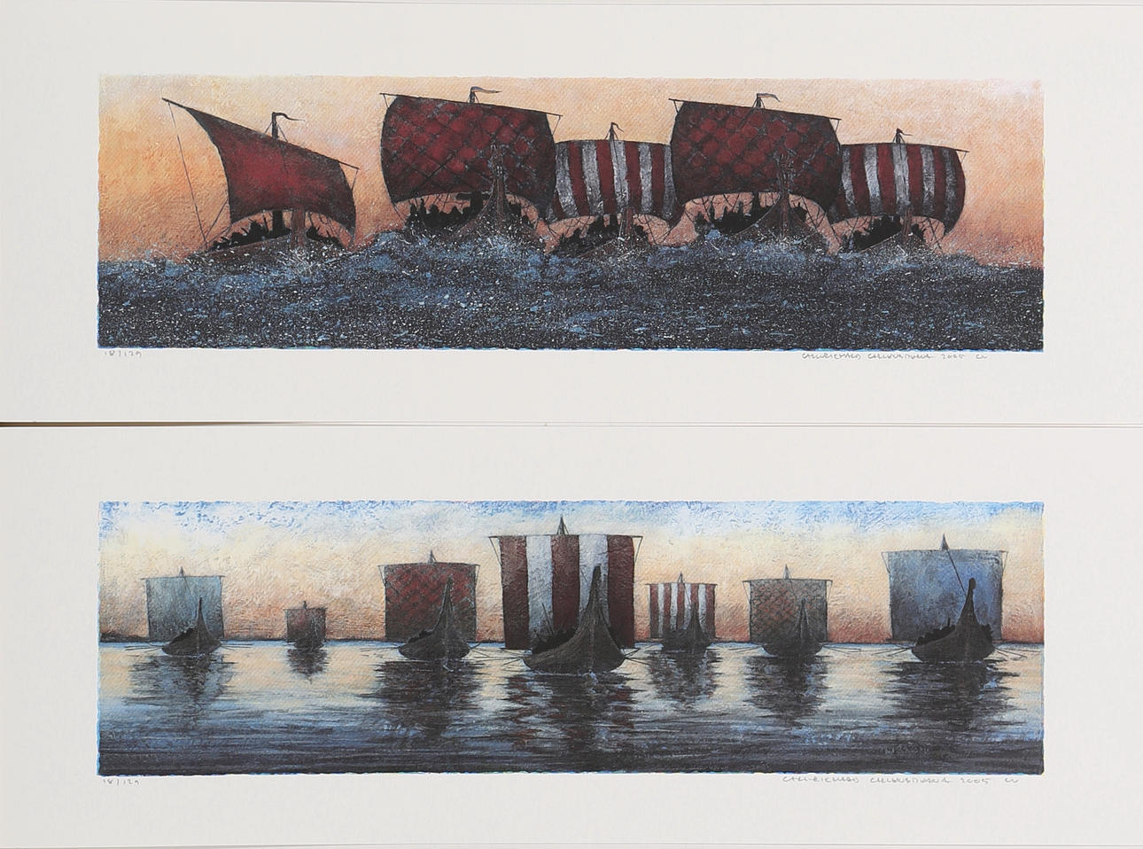 CARL-RICKARD CARLENSTIERNA. Färglitografier, 2 st, vikingamotiv, signerade och daterade 2005 samt numrerade 18/129.