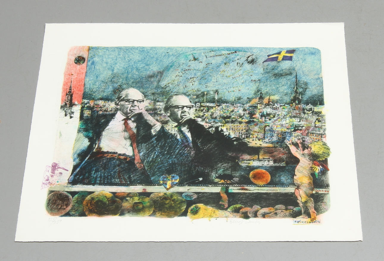 BENGT LANDIN. "Gunnar Sträng & Pomperipossa", färglitografi, signerad och numrerad 125/250.