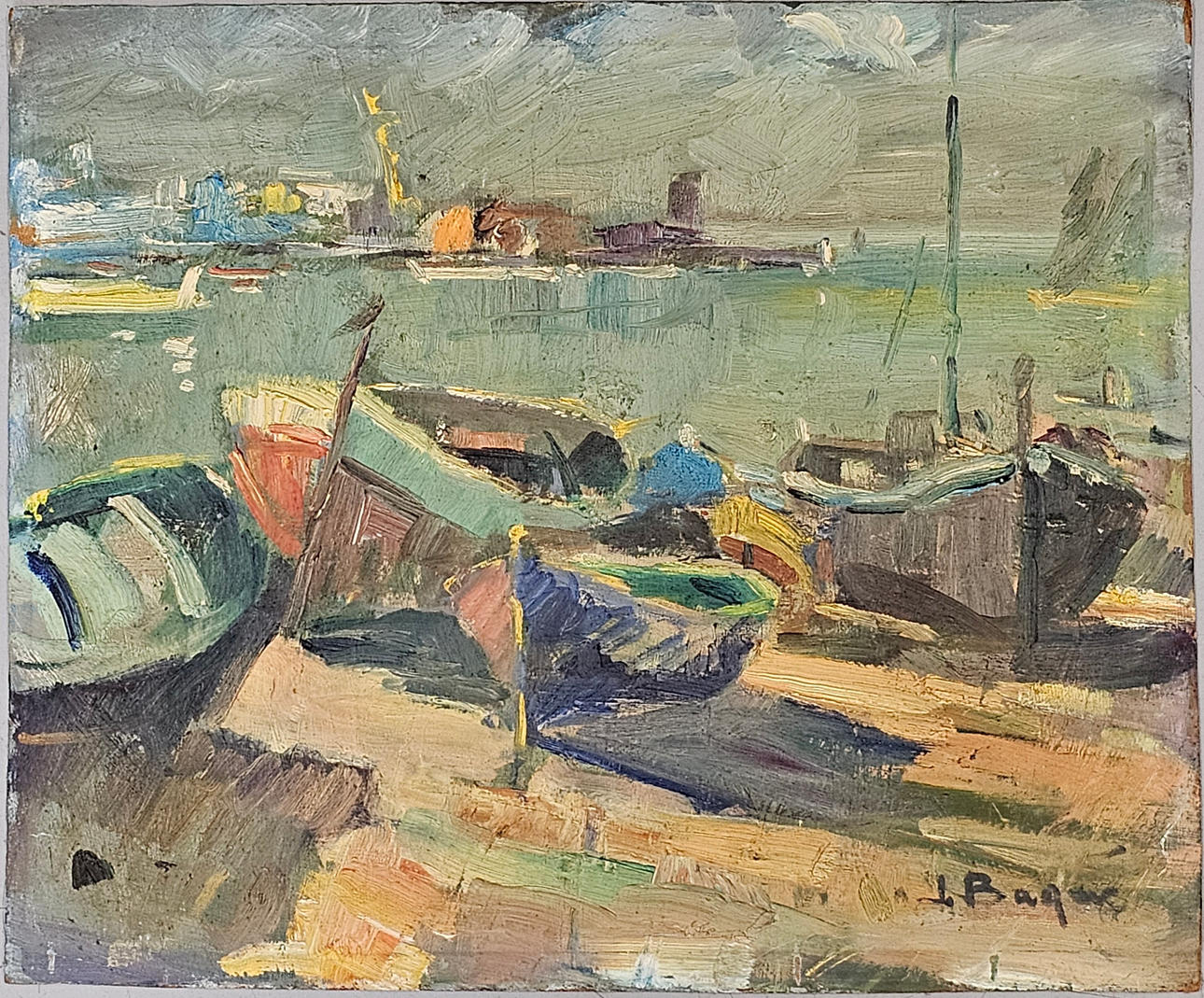 J.BAQUÉ. PUERTO CON BARCAS, ÓLEO SOBRE TÁBLEX.