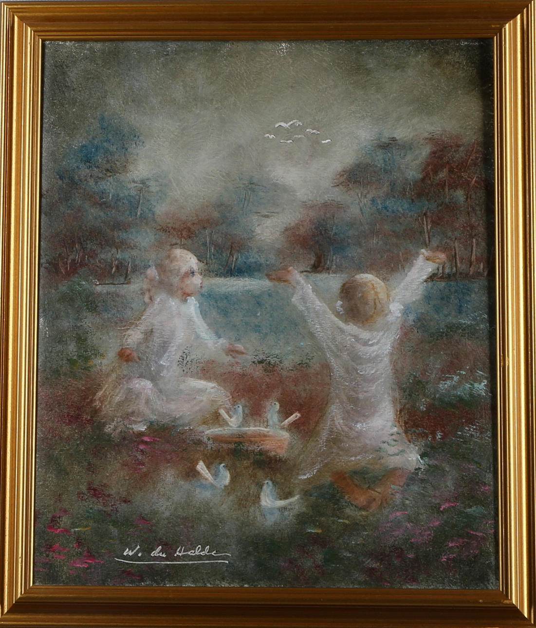 WALTER DU HALDE. Barn och fåglar, olja på duk, signerad W. du Halde.