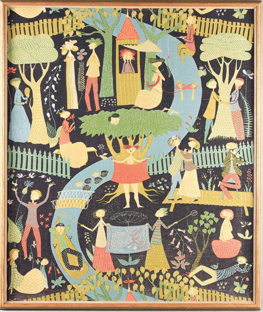 TEXTILTAVLA, tyg, "Lustgården" Stig Lindberg.