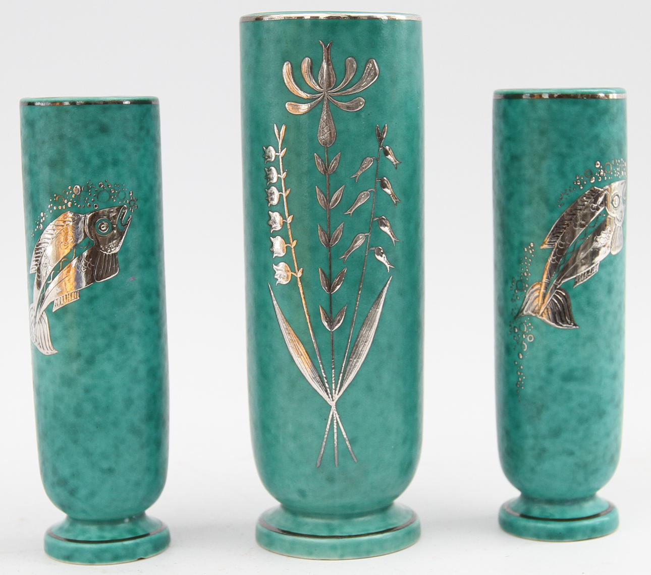 WILHELM KÅGE. Vaser 3 st, "Argenta", grön glasyr.