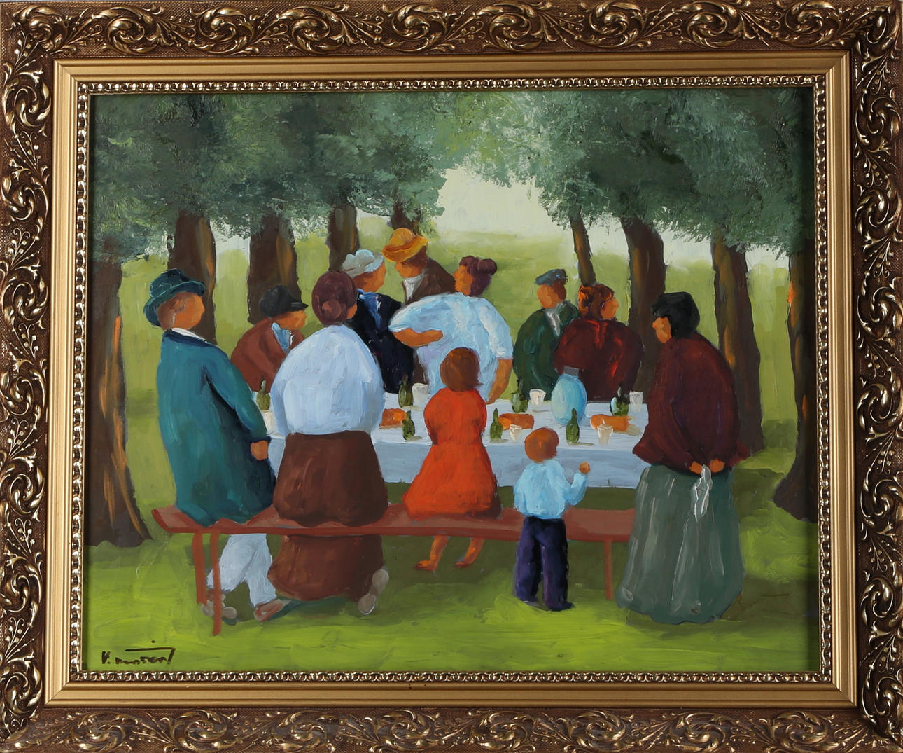 KAI MORTEN GLUD. fest under träden, olja på masonitepannå, signerad K Morten.