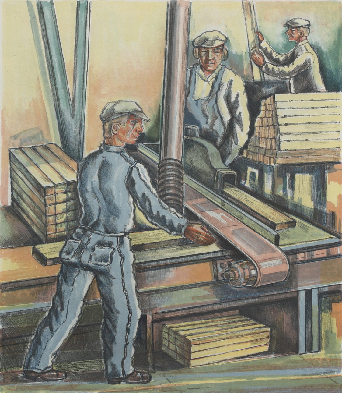 ARVID NILSSON. Colour lithograph, “Sawmill worker”, unsigned, verified on the back.