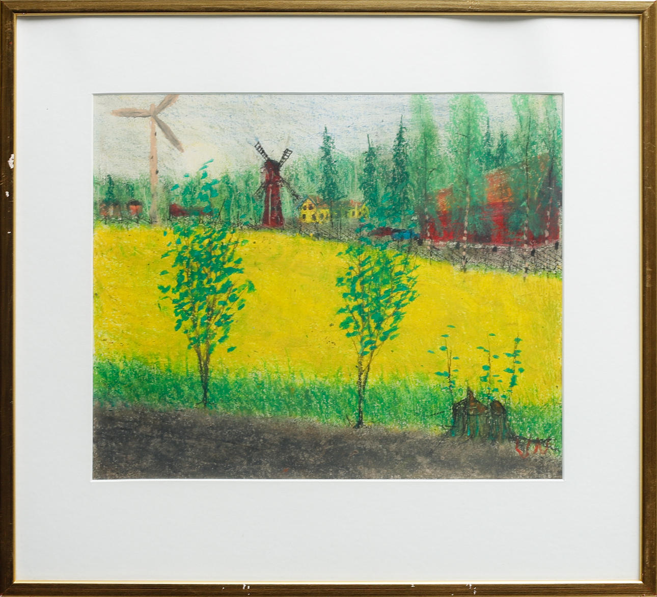 VERA NILSSON. Landscape with windmill and wind power, pastel, monogram signed.