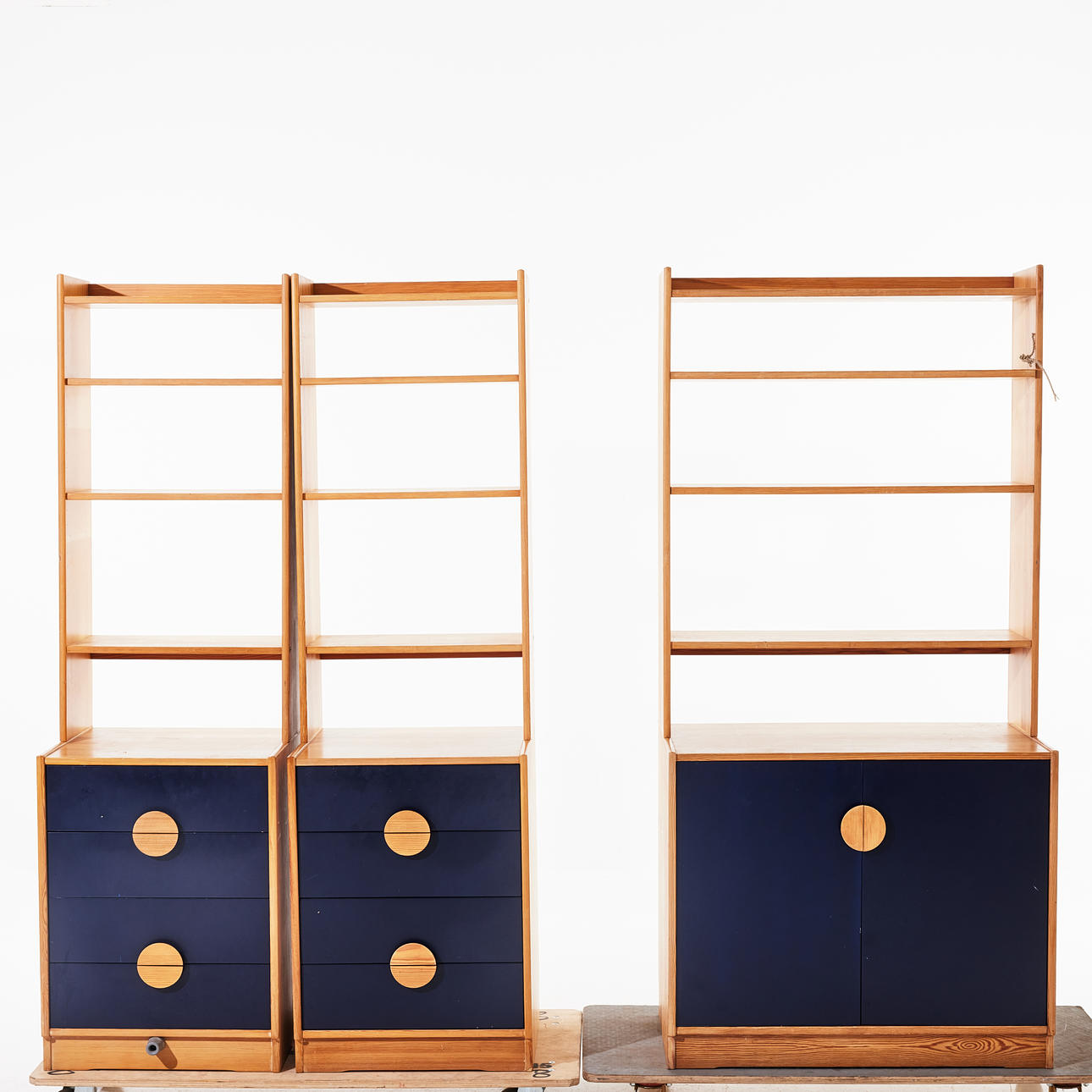 TOMAS JELINEK. Shelving system, 6 pieces, veneered in pine, “Comet”, IKEA, 1970s.
