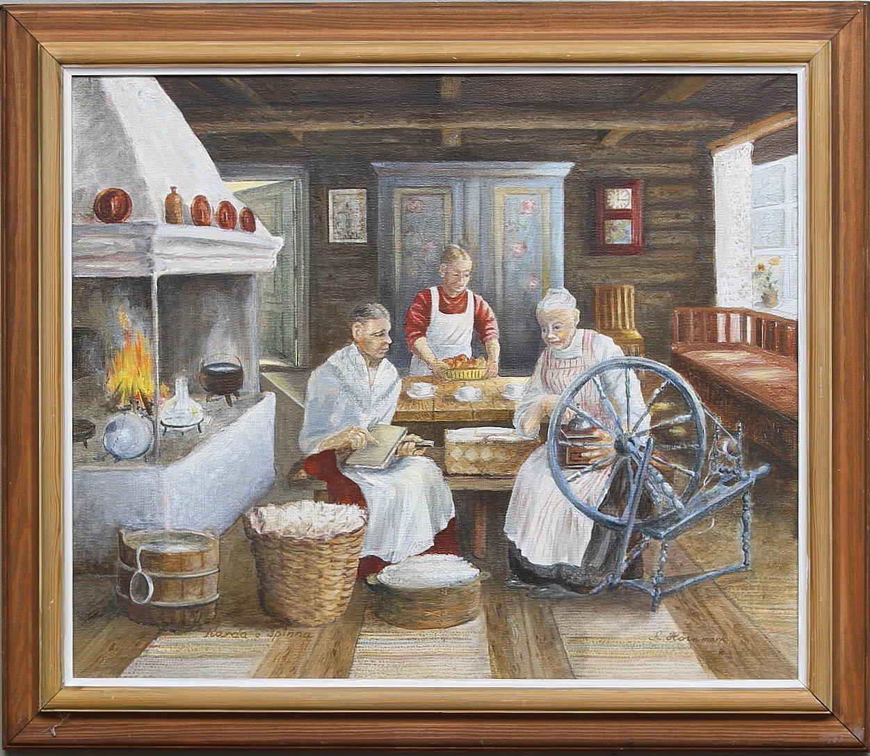 OIDENTIFIERAD KONSTNÄR. "Karda o spinna". Olja på duk, signerad K.Hornmark.