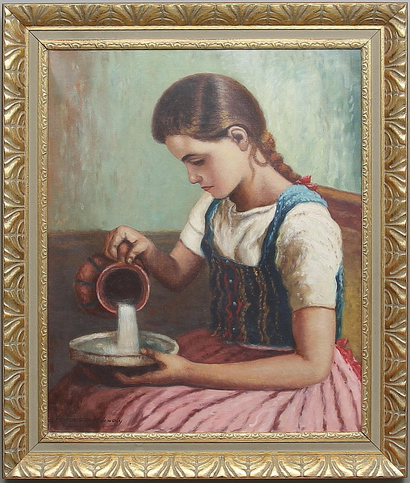 ÖSTEUROPEISK KONSTNÄR. Flicka med tillbringare och skål. Olja på duk, signerad Rózsa K.