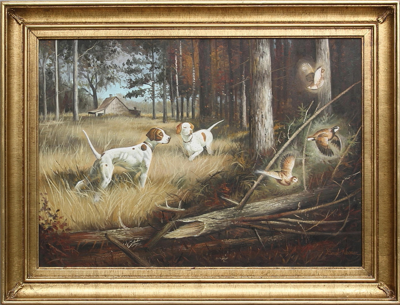 DANIEL NELSON. Jaktmotiv med fågelhundar. Olja på duk, signerad.