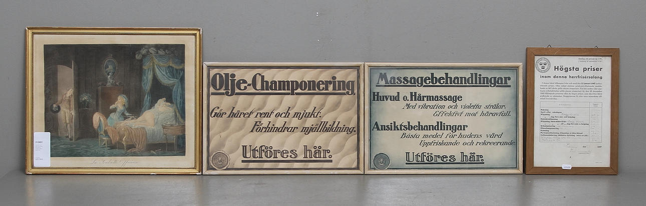 TAVLOR, 4 st bland annat från frisörsalong, omkring 1900-takets mitt.