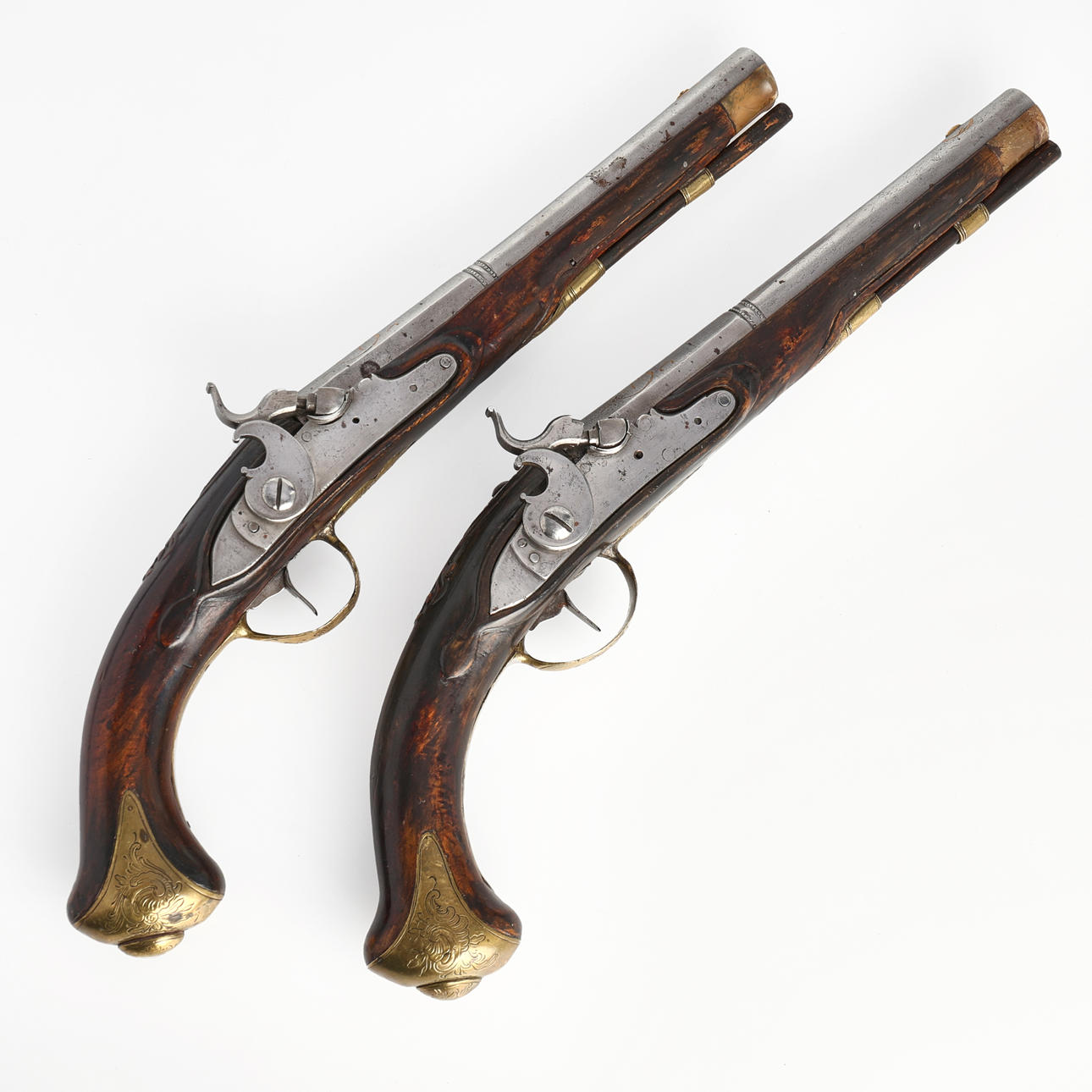 PISTOLS, 1 pair, flintlocks, ca 1780, converted into impact locks.