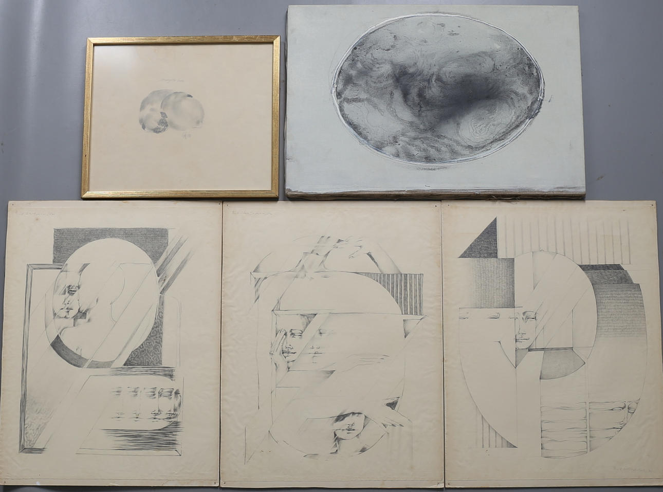 BOEL SCHÖLDSTEIN. Komposition, bl a i blyerts, 5 st, varav 2 signerade och daterade -70.