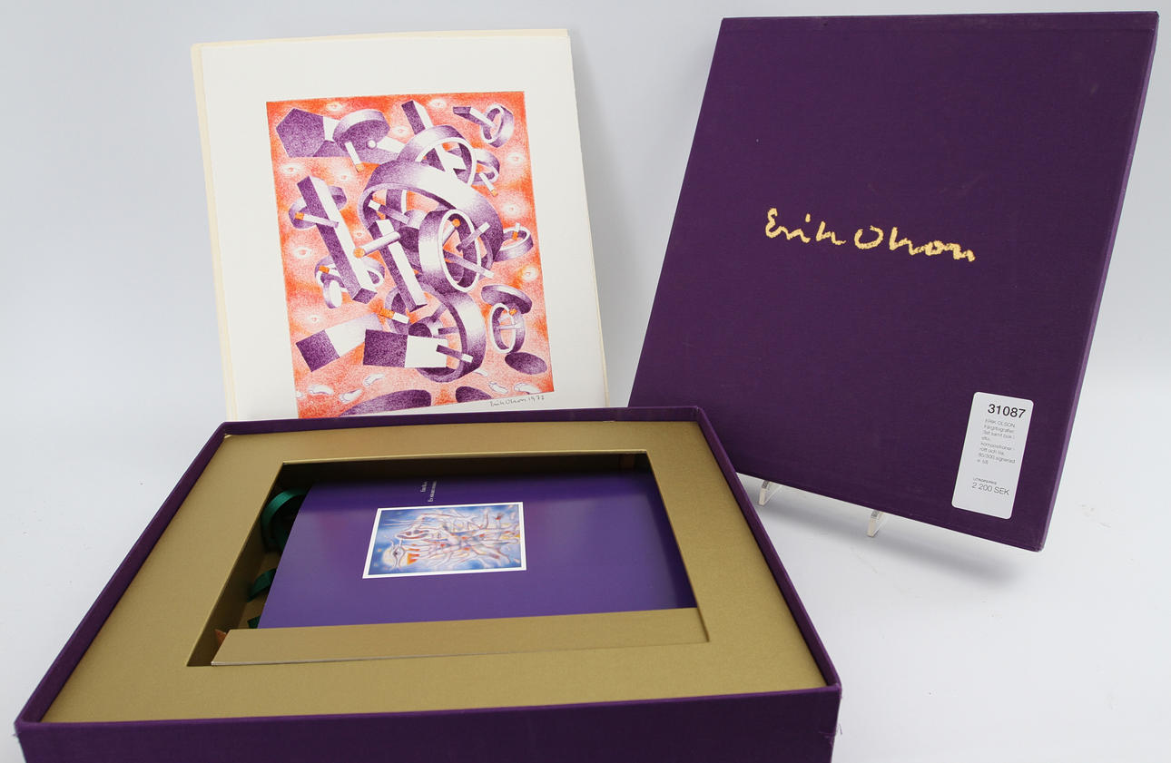 ERIK OLSON. Färglitografier. 3st samt bok i etui, kompositioner i rött och lila, 85/300.signerade.