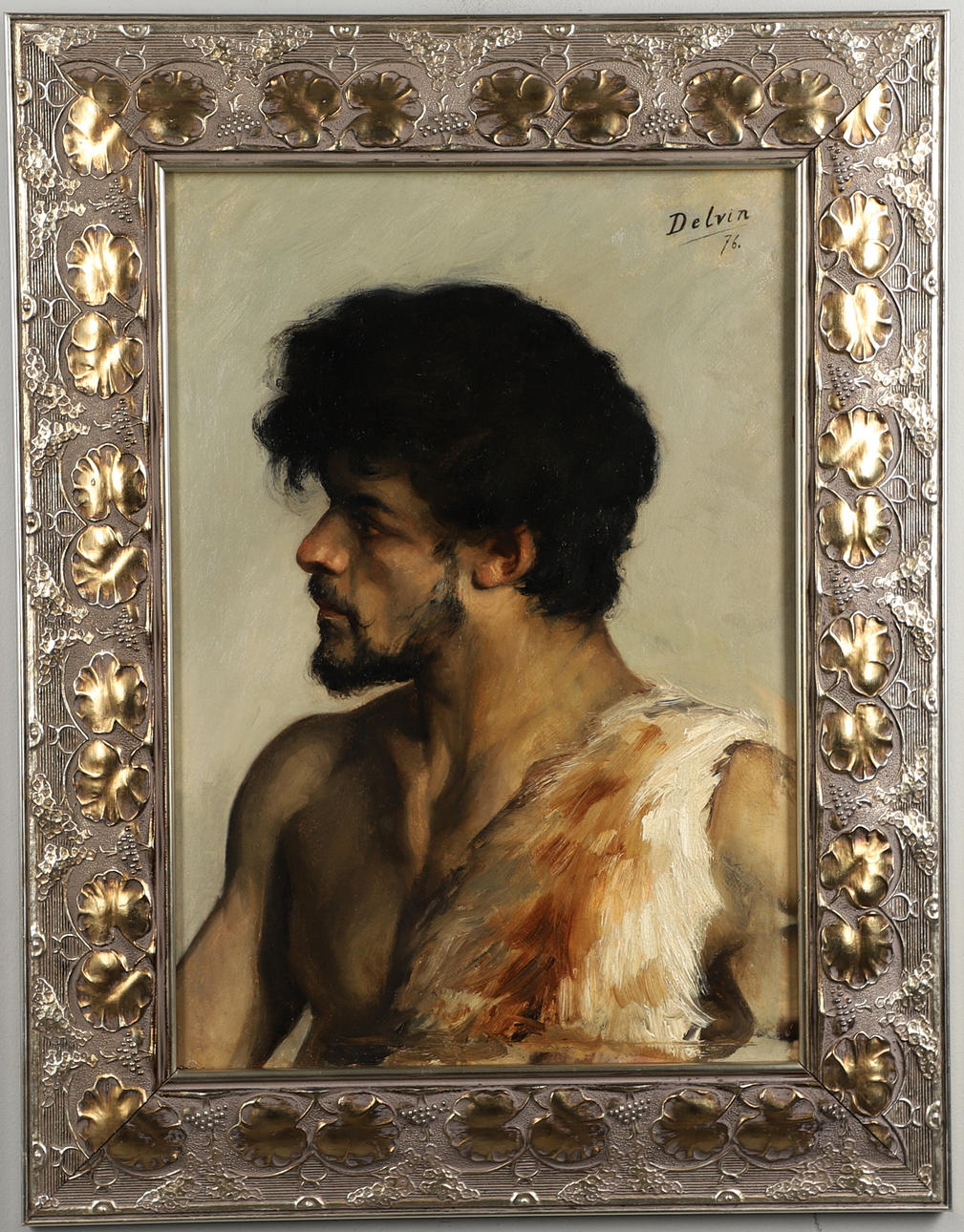 JEAN JOSEPH DELVIN (1853-1922). PORTRAIT STUDY OF A BEARDED MAN IN AN ANIMAL SKIN.