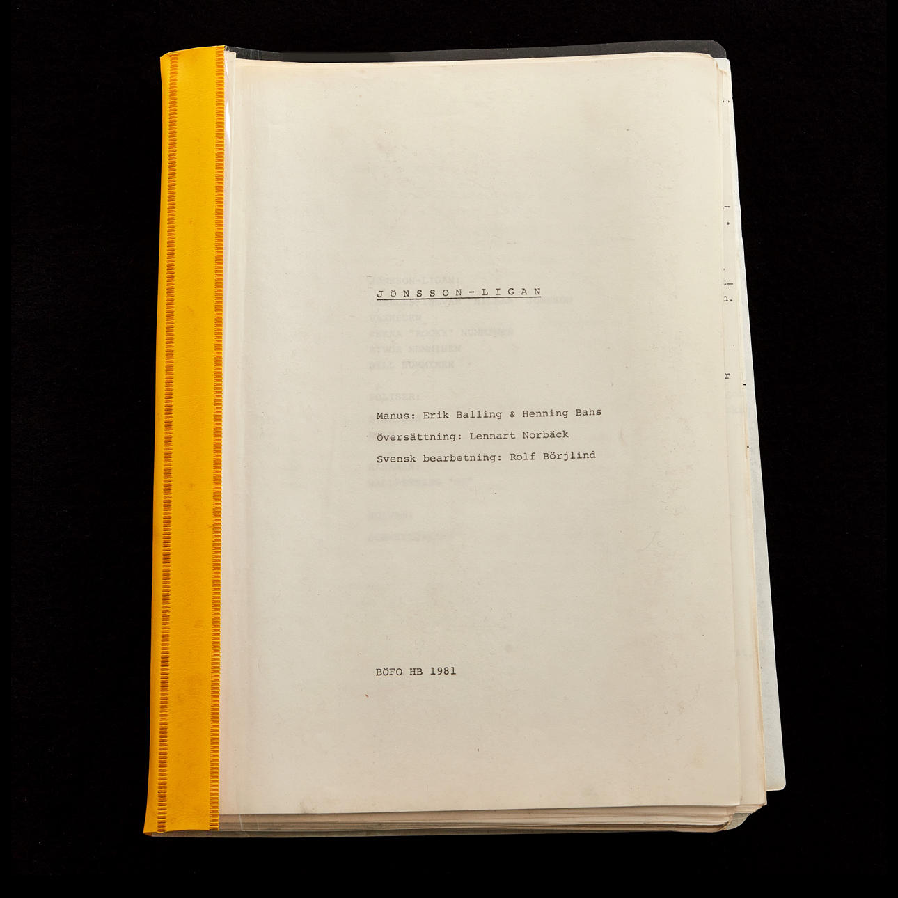 ADVARSEL TIL JÖNSSONLIGAN, manuskript til filmen fra 1981.